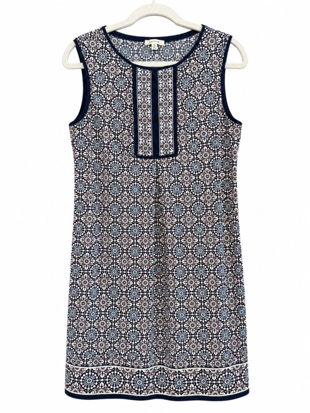 Max Studio Sleeveless Shift Dress Size M Navy Cream Medallion Tile Print Stretch
